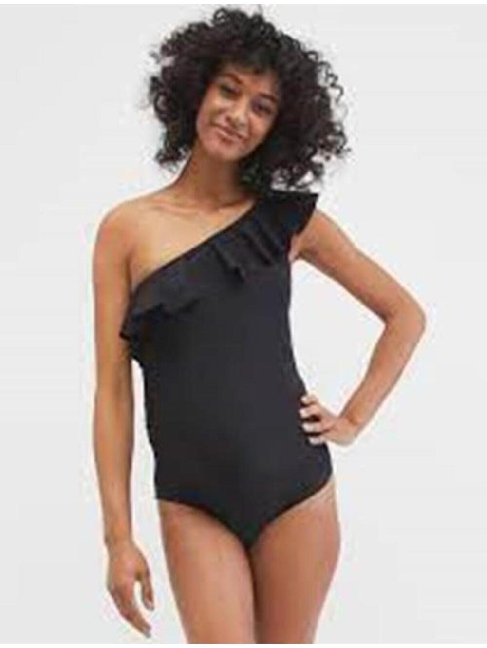 694 Motherhood Maternity BEACH BUMP ruffled one shoulder one piece swim BLACK M